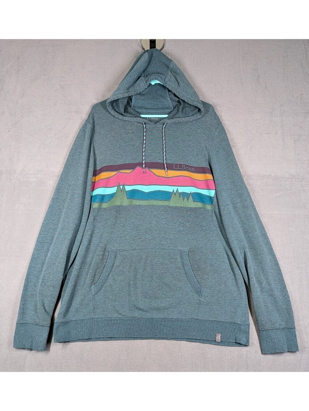 LL Bean Womens XL Blue Graphic Hoodie Outdoor Mountain Pullover Sweatshirt Soft